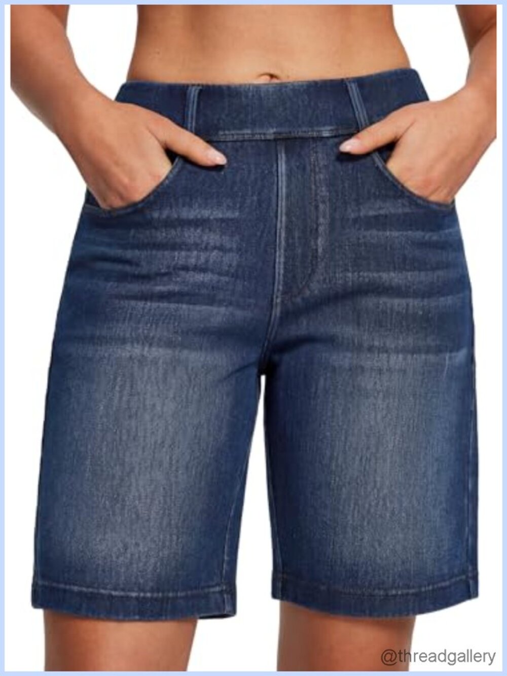 Stretchy Pull On Denim Bermuda Shorts High Waist Jorts Knee Length